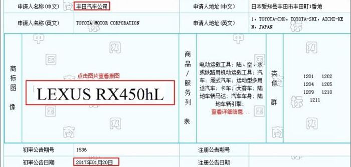 雷克萨斯注册RX450hL商标 或采用7座布局
