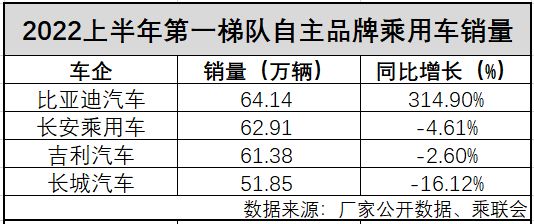 两大梯队 自主品牌乘用车头部车企呈全新格局