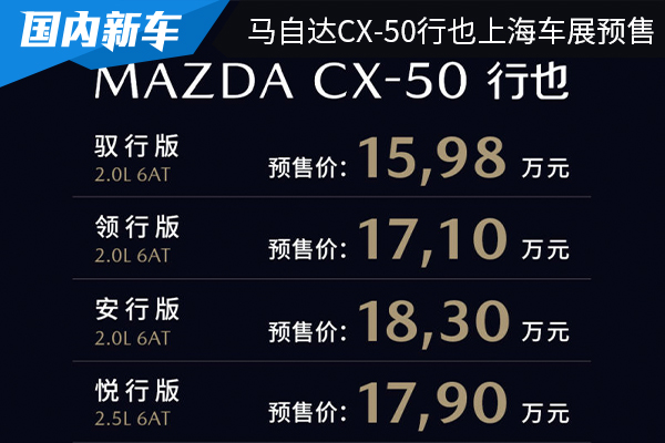 预售价为15.98万起 马自达CX-50行也上海车展开启预售