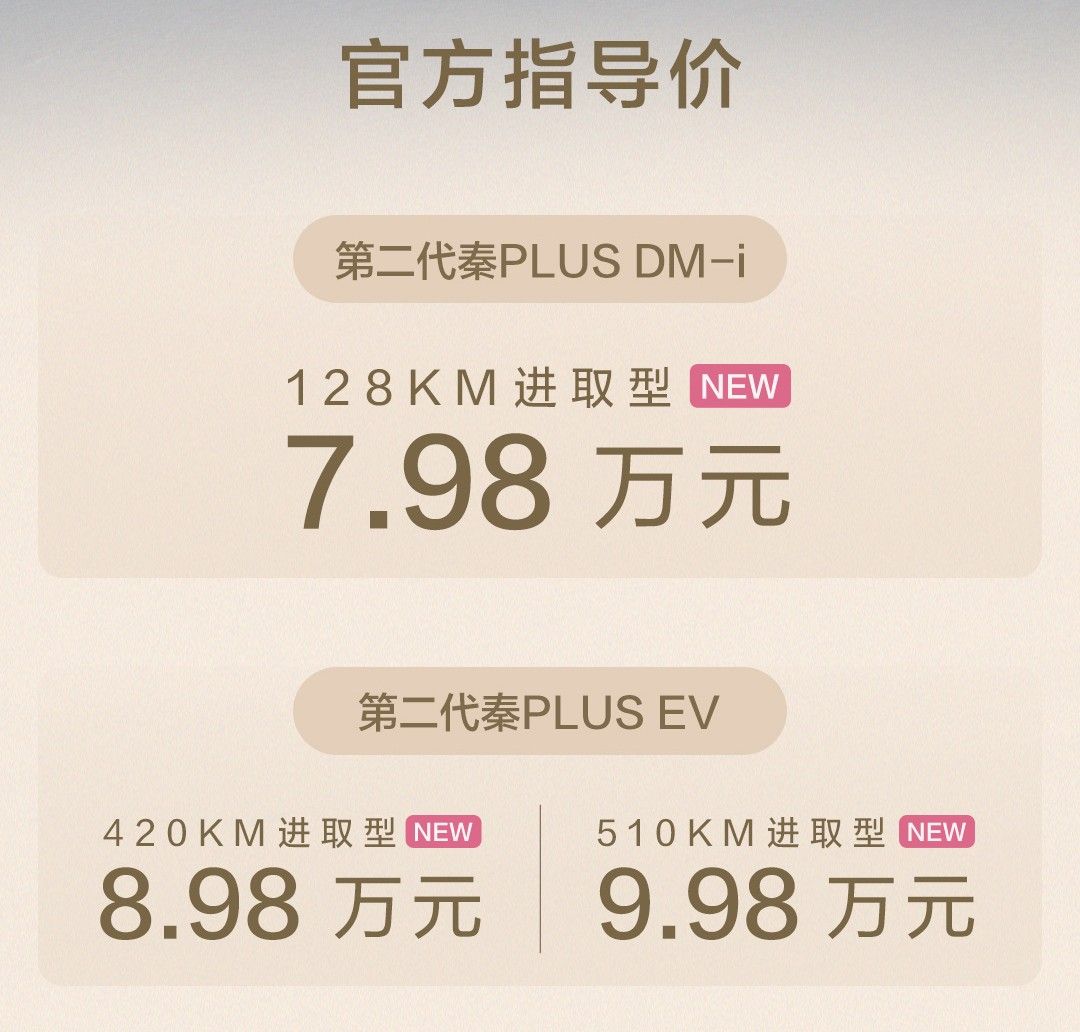 售价7.98万起 比亚迪第二代秦PLUS进取型上市