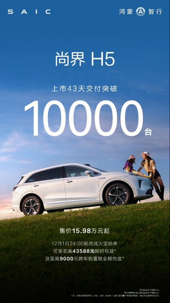 尚界H5交付破10000台,权益加码巨额补贴锁定“超值”!