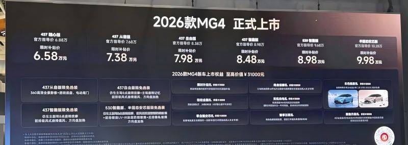2026北京车展：新款MG4上市，限时补贴6.58万起